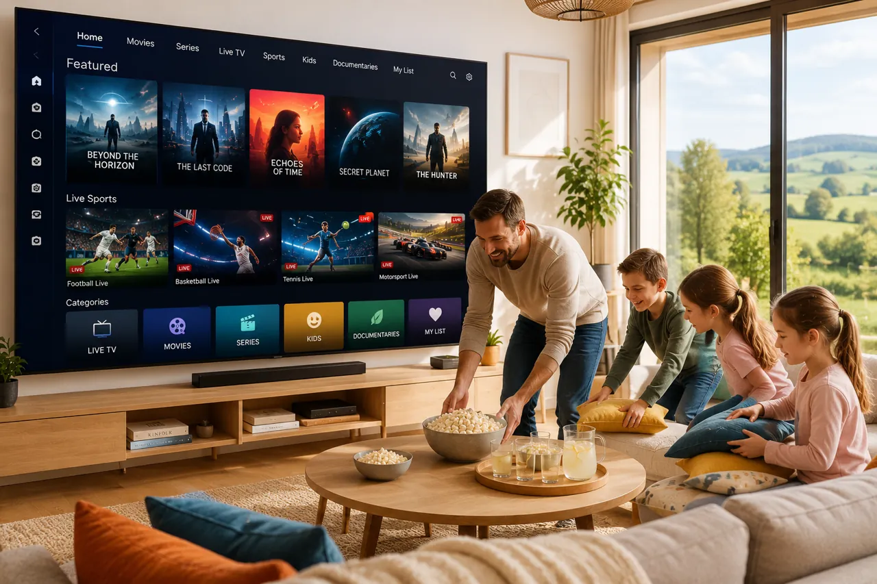 Przewodnik po programach EPG w formie czytelnej siatki kanałów i kategorii na ekranie telewizora
