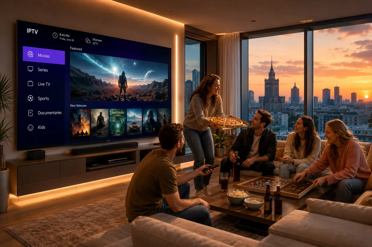 Oglądanie telewizji IPTV na dużym telewizorze Smart TV w domowym salonie
