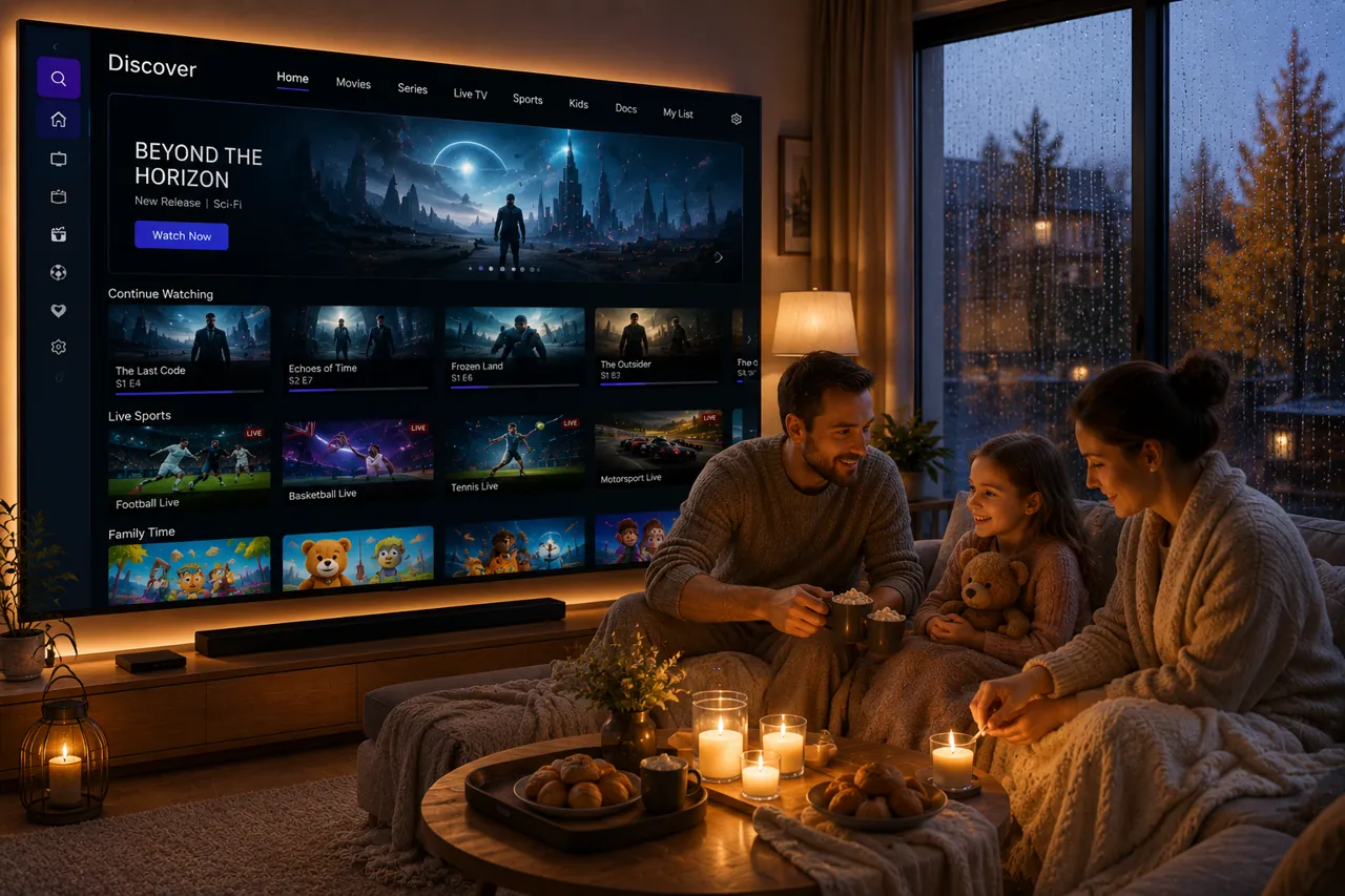 Rodzina ogląda telewizję internetową IPTV na dużym telewizorze Smart TV w salonie wieczorem