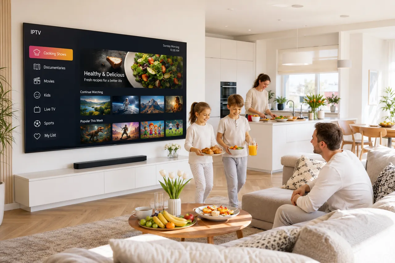 Obsługa telewizji IPTV na Smart TV w jasnym, nowoczesnym salonie
