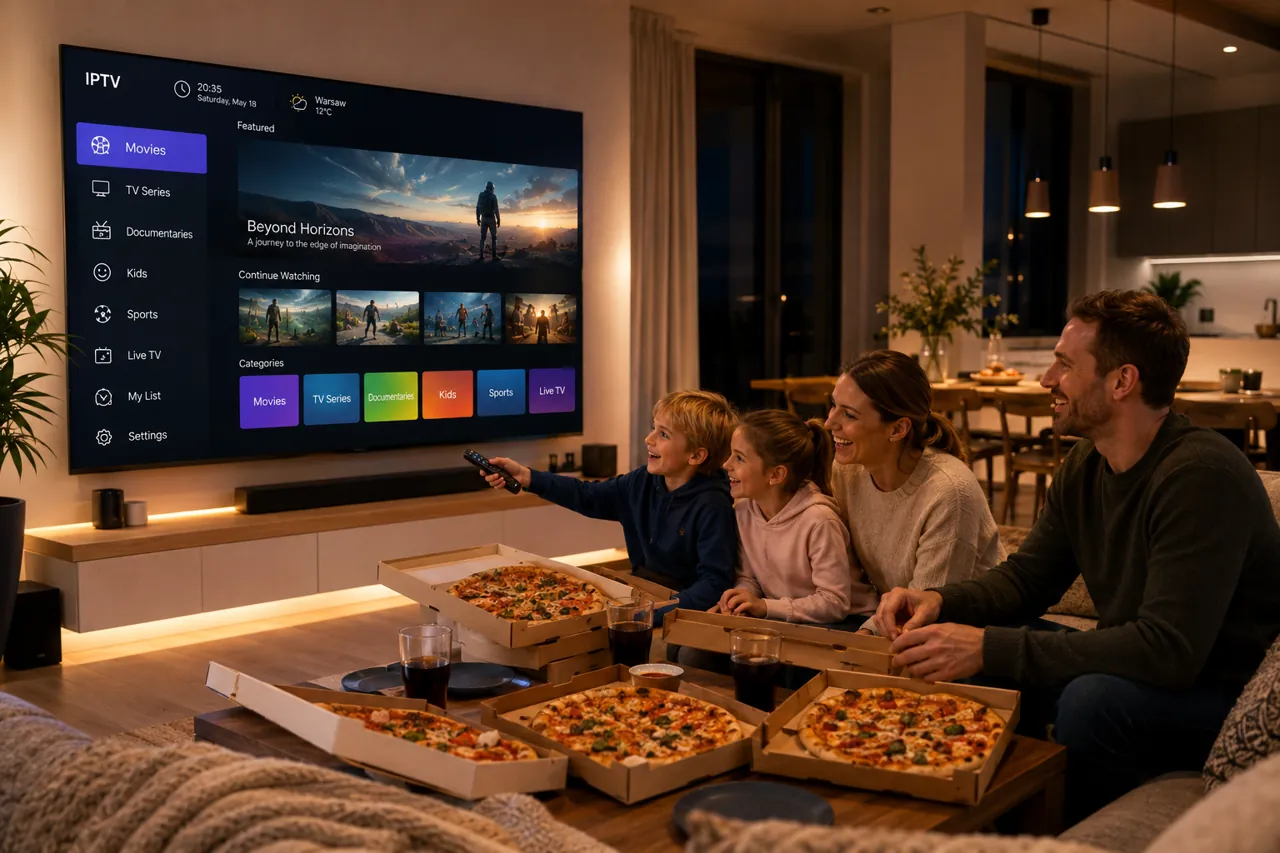 Rodzina ogląda telewizję IPTV na telewizorze Smart TV w domowym salonie na jednym z obsługiwanych urządzeń