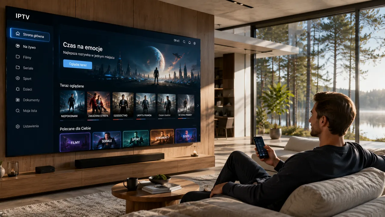Mężczyzna korzysta z telewizji IPTV na telewizorze Smart TV, przeglądając menu kanałów i filmów