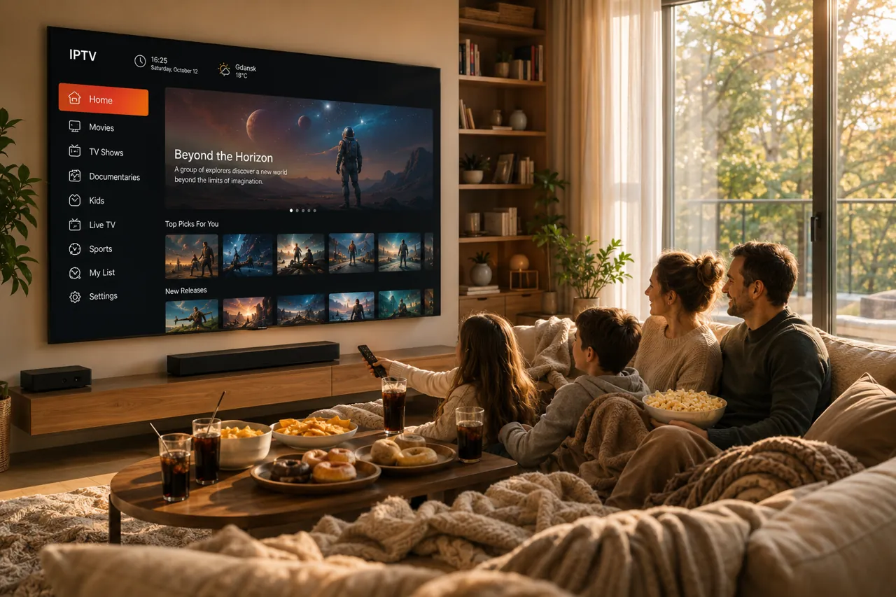 Rodzina wspólnie ogląda telewizję IPTV na telewizorze Smart TV w przytulnym domu