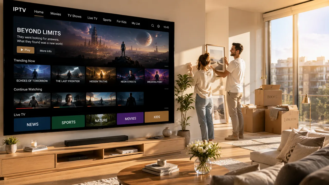 Telewizja internetowa IPTV uruchomiona na telewizorze Smart TV w domu — dostępna na różnych urządzeniach