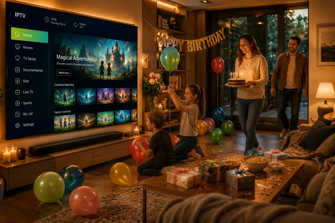 Rodzina oceniająca jakość telewizji IPTV na dużym telewizorze Smart TV