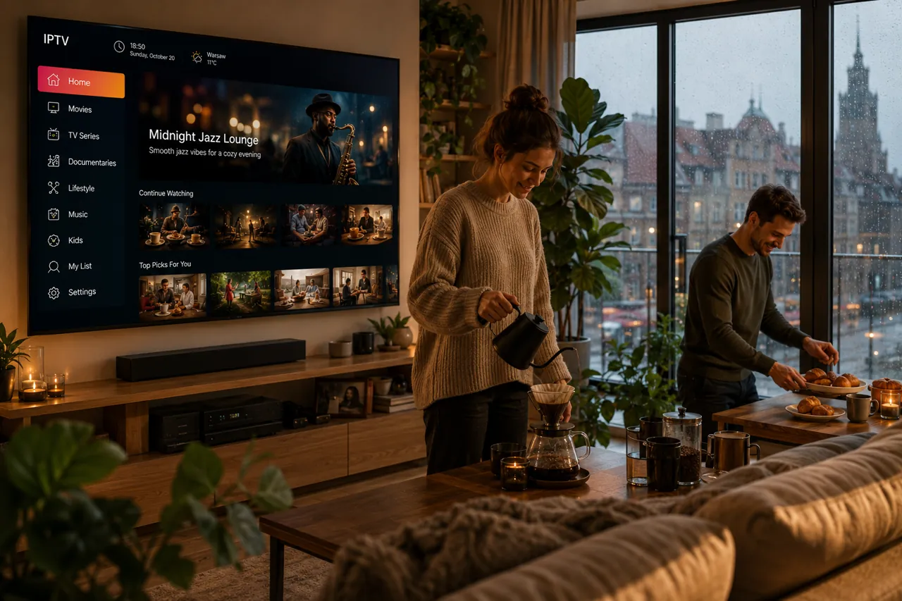 Nowoczesny salon z telewizorem wyświetlającym interfejs telewizji IPTV