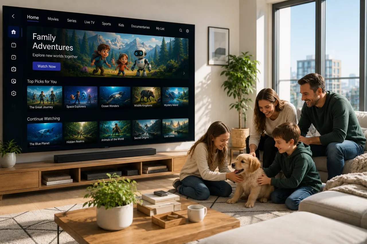 Rodzina w polskim domu korzysta z telewizji IPTV na telewizorze Smart TV w słoneczny dzień
