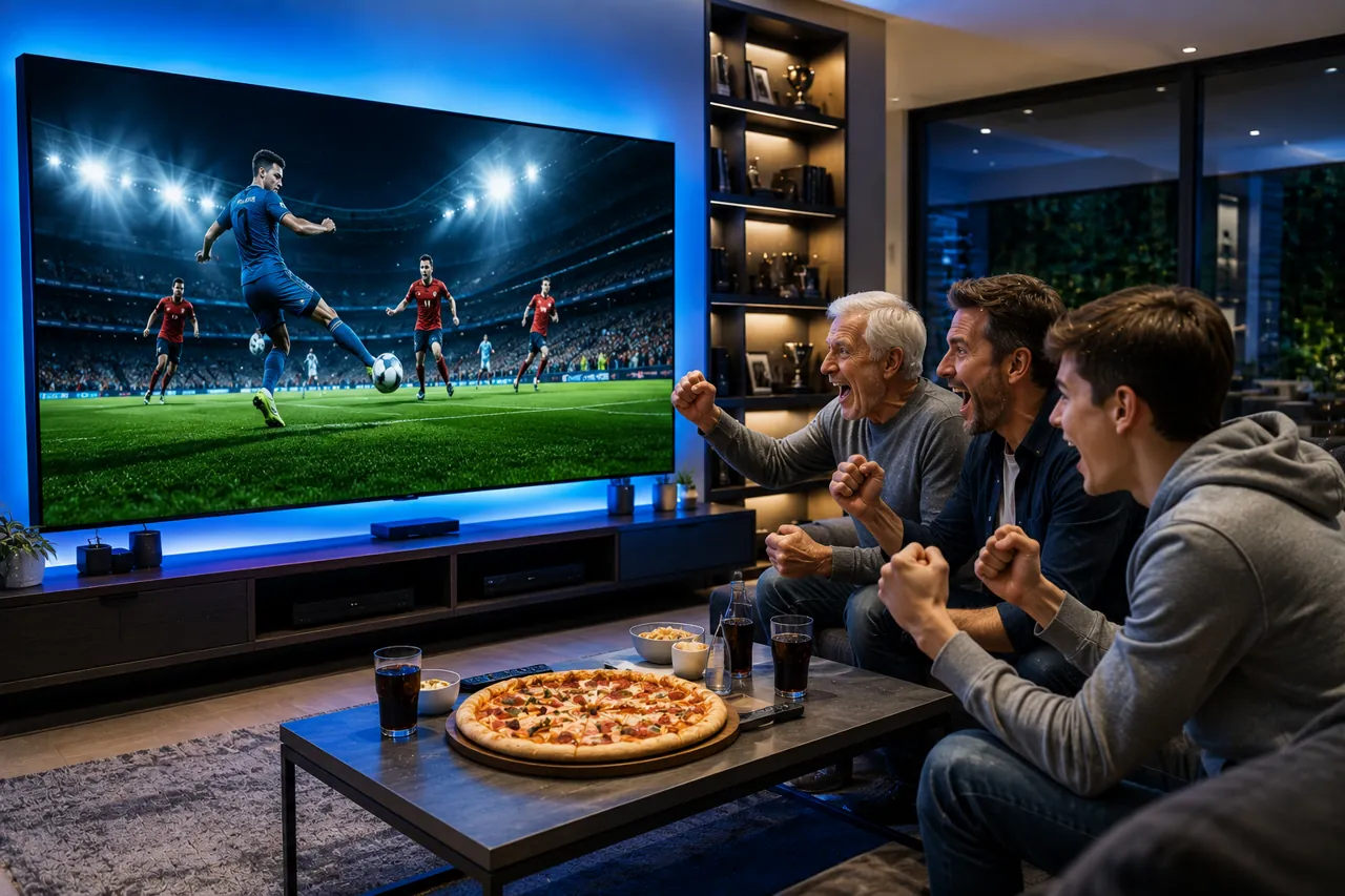 Osoby oglądające transmisję na dużym telewizorze Smart TV z telewizją IPTV