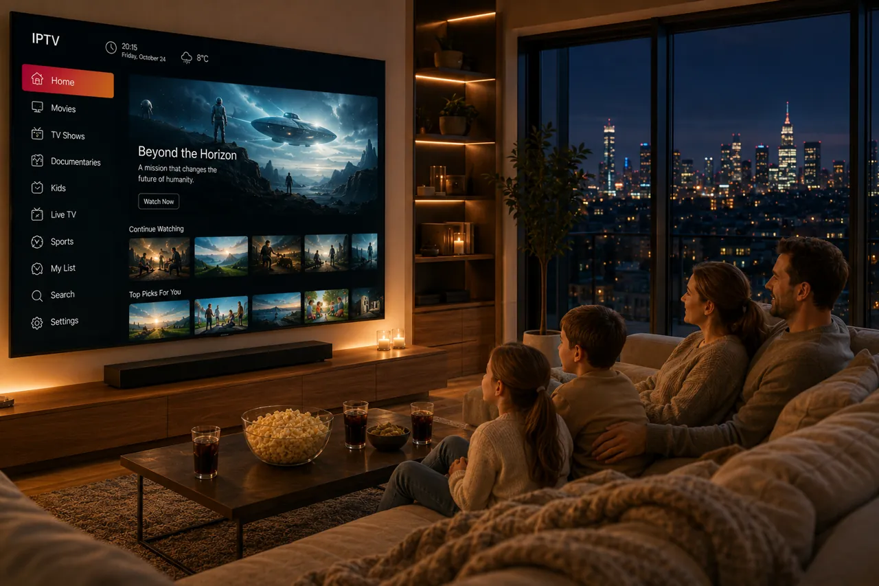 Rodzina ogląda film w jakości 4K na dużym telewizorze Smart TV — domowe kino z telewizją IPTV