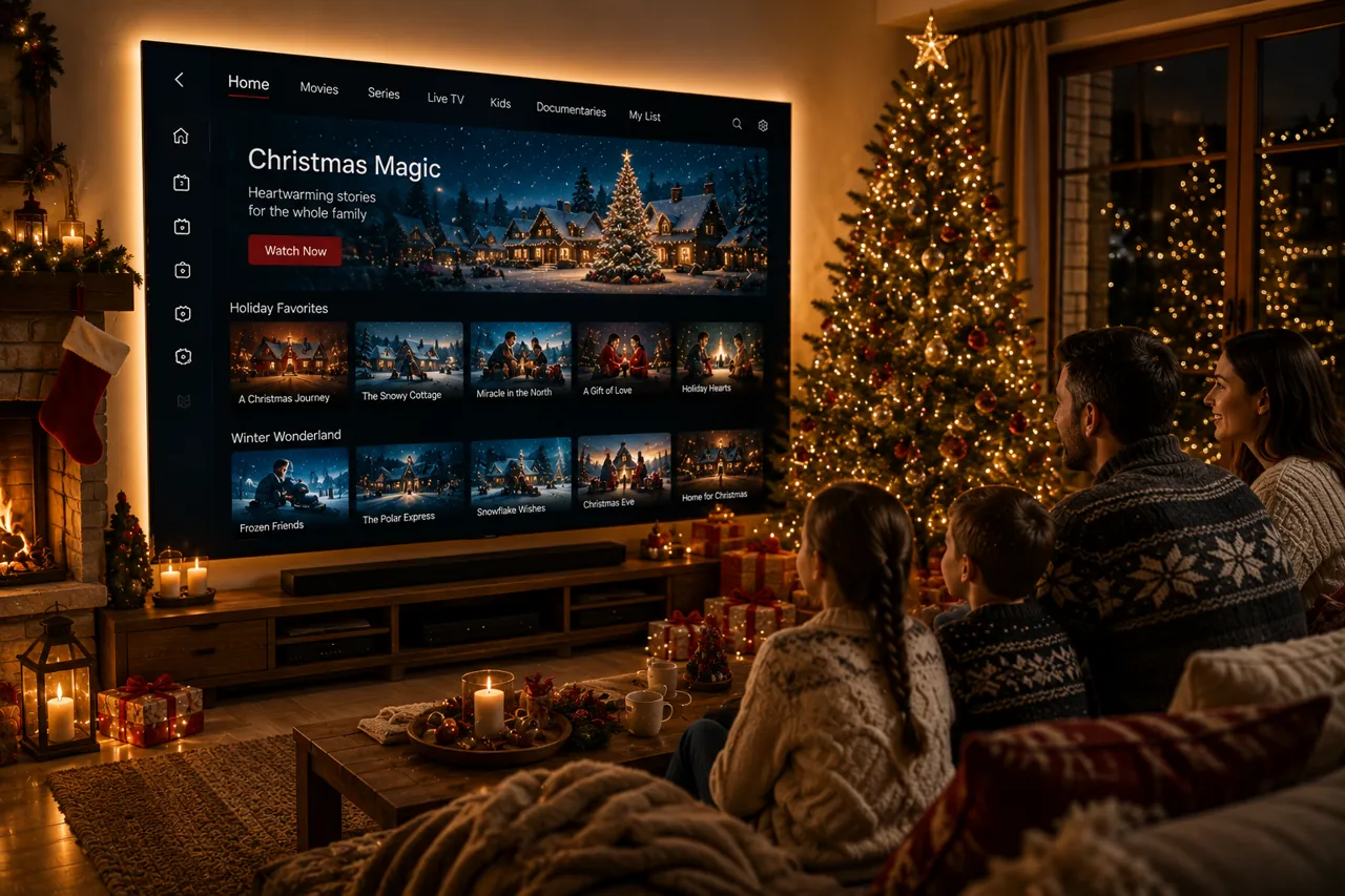 Polska rodzina oglądająca telewizję IPTV na Smart TV podczas pobytu za granicą