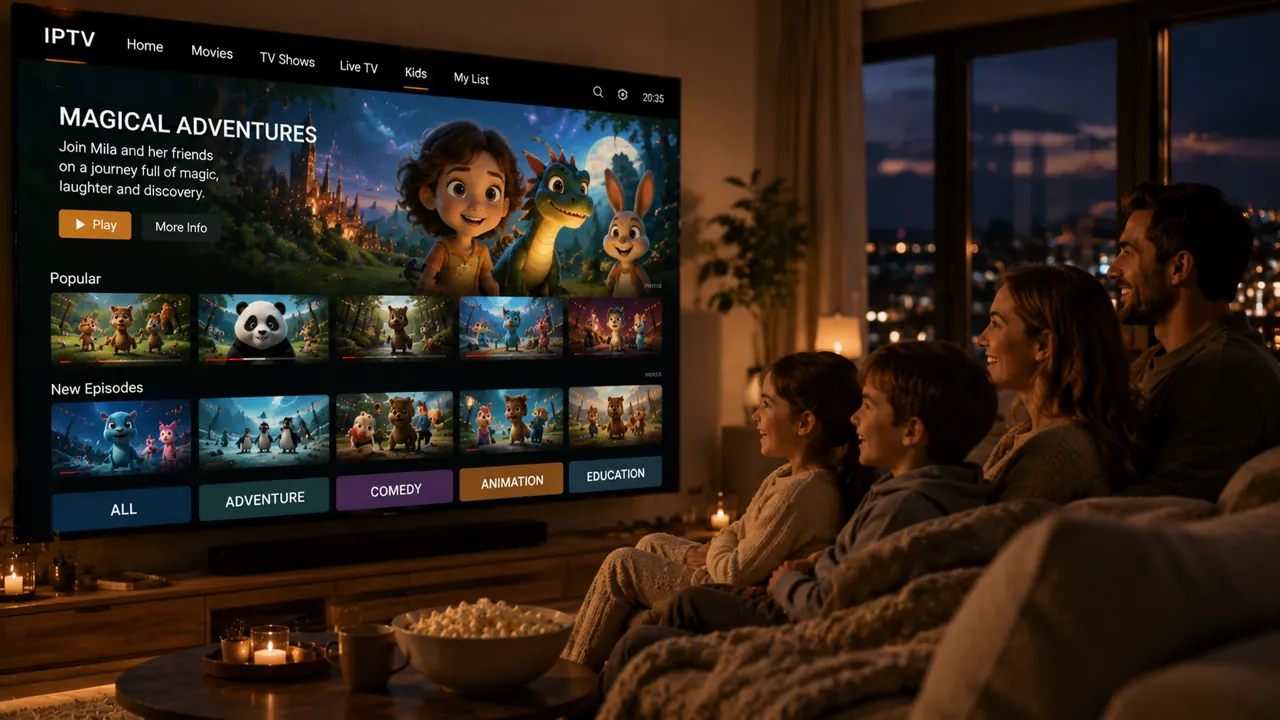 Rodzina oglądająca telewizję IPTV na telewizorze Smart TV z aplikacją